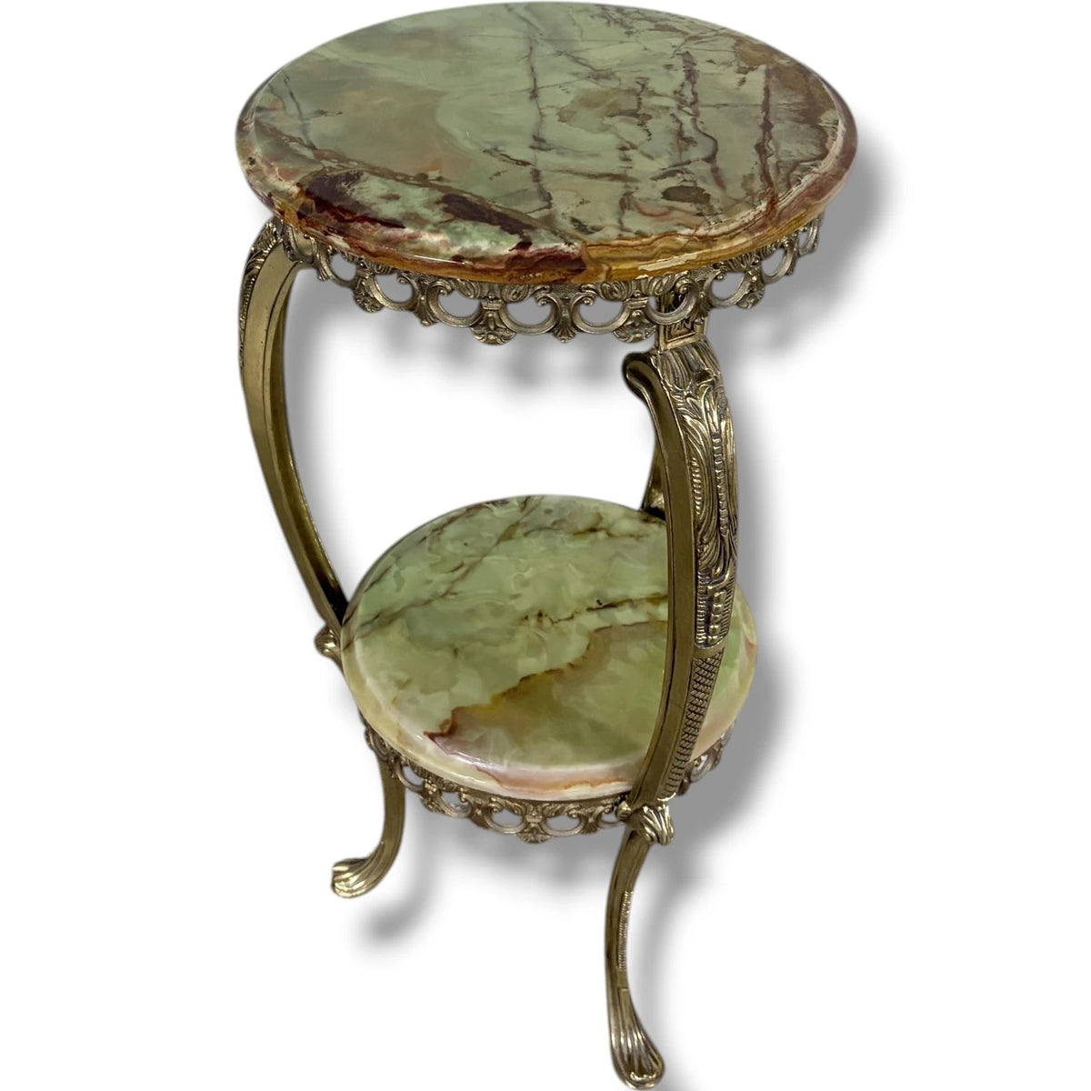 Vintage Onyx Plant Stand – Two Tier Green Onyx Shelves | Ornate Brass Frame