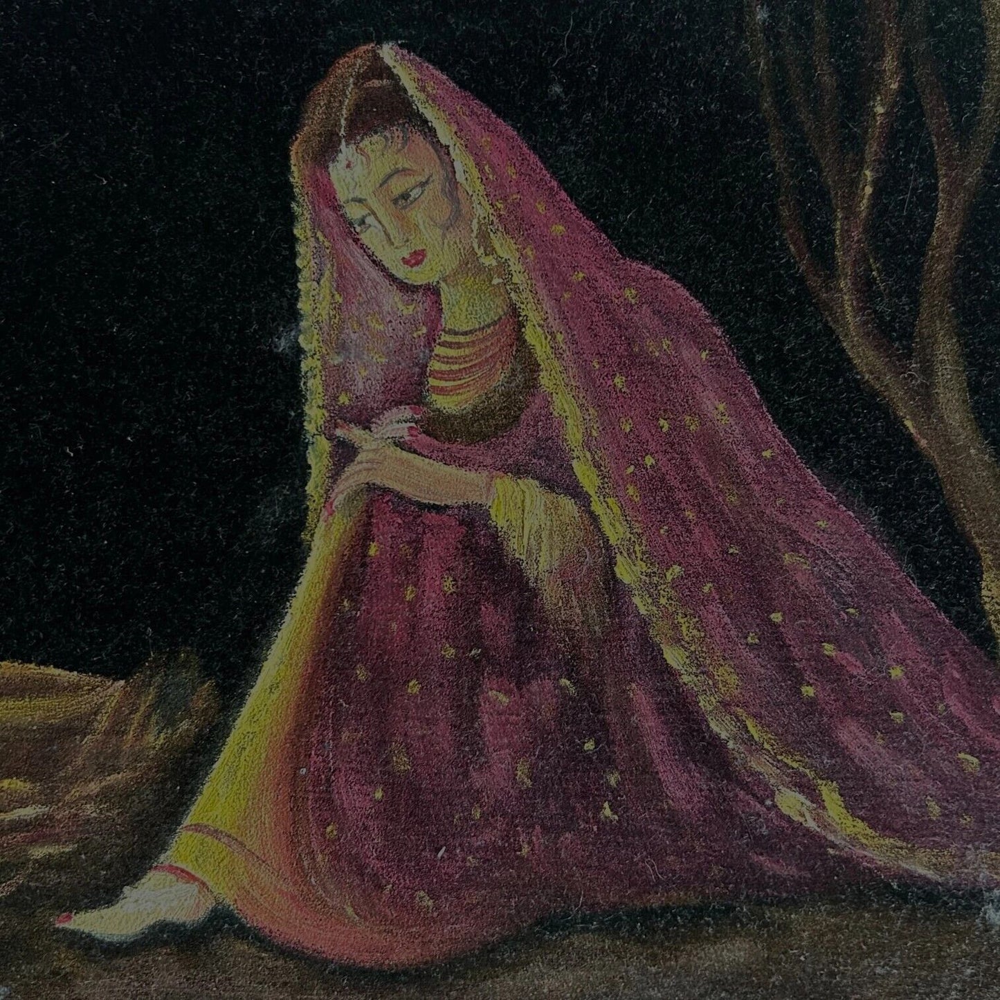 Vintage Indian Velvet Painting Picture