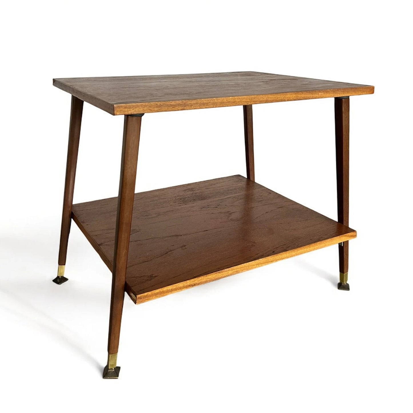 Mid Century Modern Danish Teak Wood Two Tiered Shelving Side Table