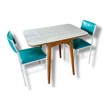 Vintage White Formica Drop Leaf Table with Blue Vinyl Chrome Chairs – Retro Kitchen Dining Set