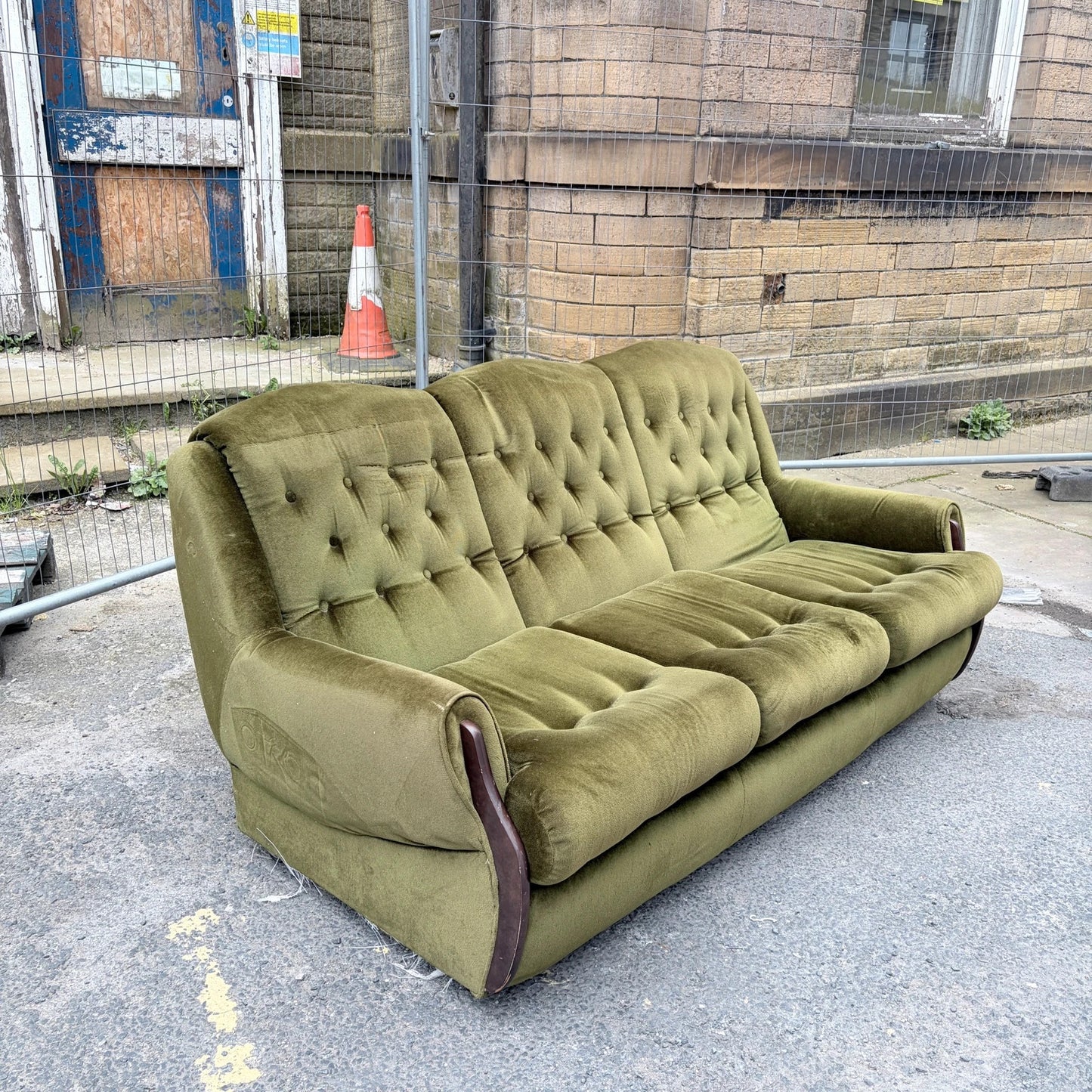 Mid Century Green Velvet and Wood Three Seater Sofa