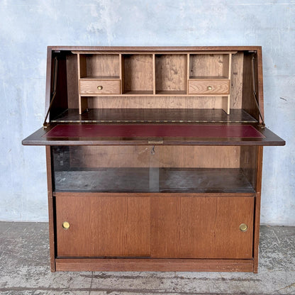 Mid Century Tiger Oak Bureau Bookcase Display Cabinet