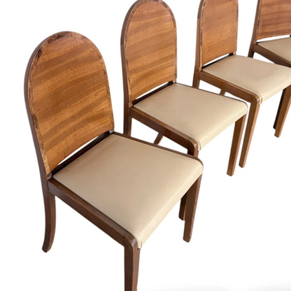 Art Deco Dining Chairs – Walnut Set of Four with Cream Upholstery, Vintage Style