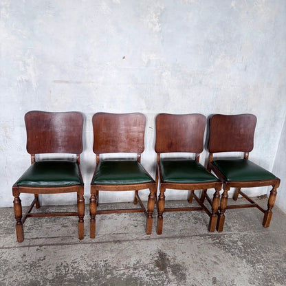 Arts & Crafts Art Deco Oak Dining Chairs – Set of Four with Green Vinyl Seats