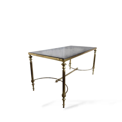 Vintage Brass and Smoked Glass Coffee Table – Hollywood Regency Rectangular Table Mid-Century