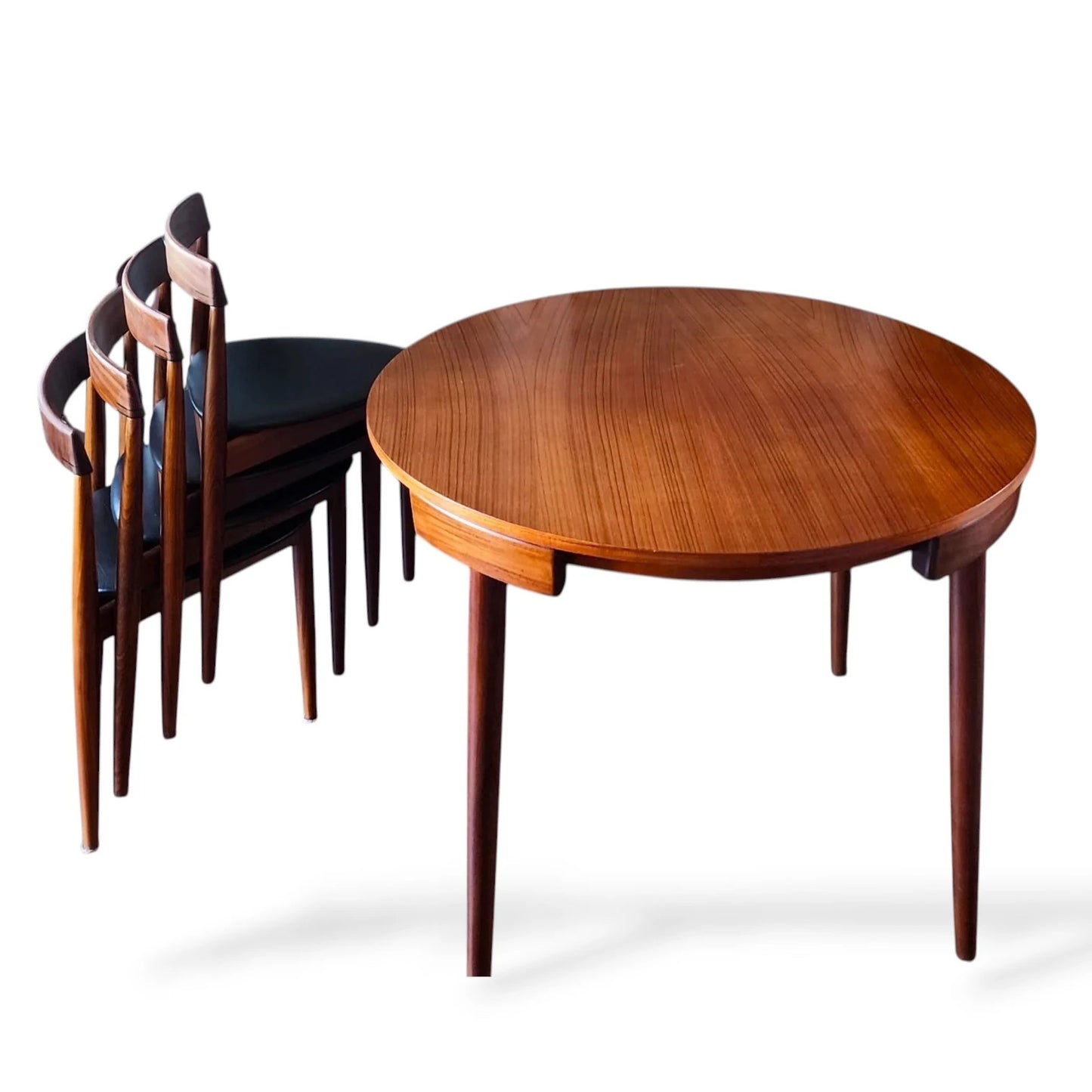 Hans Olsen Frem Røjle Roundette Dining Set | Danish Teak Table & 4 Three-Legged Chairs