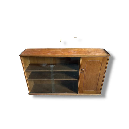 Midcentury Solid Oak Bookcase with Sliding Glass Doors | 1960s Priory Cabinet, Ercol Style