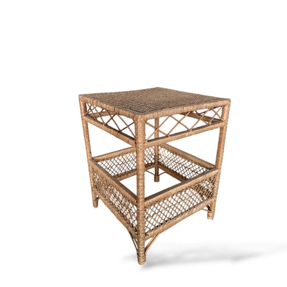 Vintage Bamboo Side Table | Square Rattan Accent Table