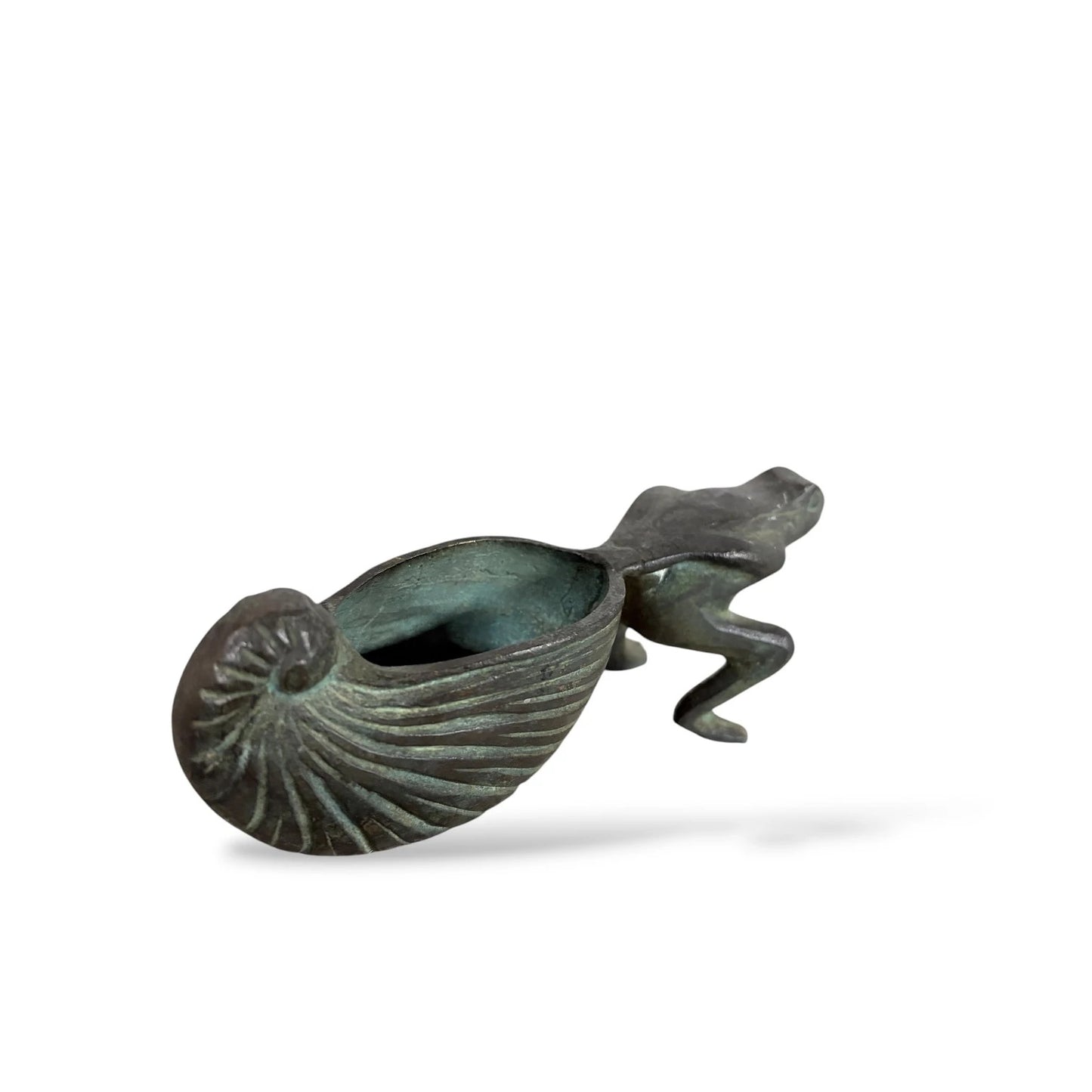 Bronze Frog Sculpture with Shell Bowl – Patinated Iron Frog Ornament