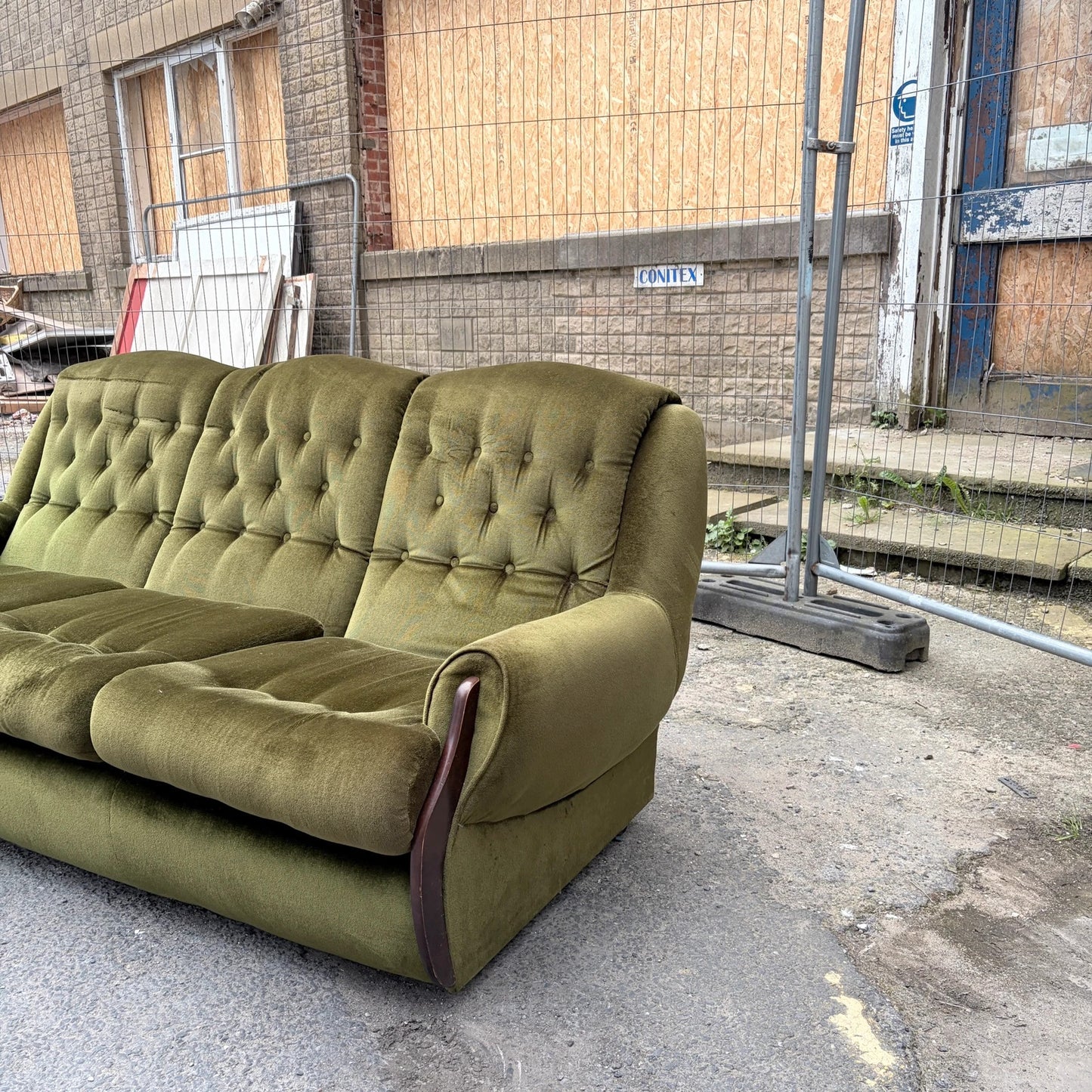 Mid Century Green Velvet and Wood Three Seater Sofa