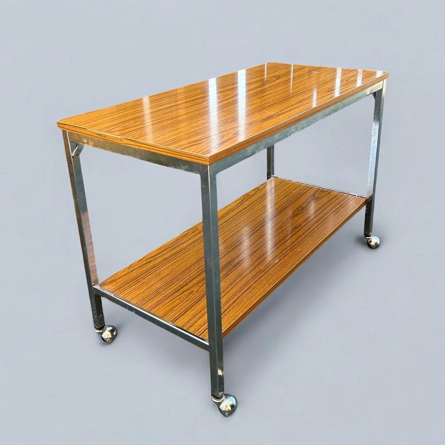 Mid Century Modern Walnut and Chrome Bar Drinks Trolley