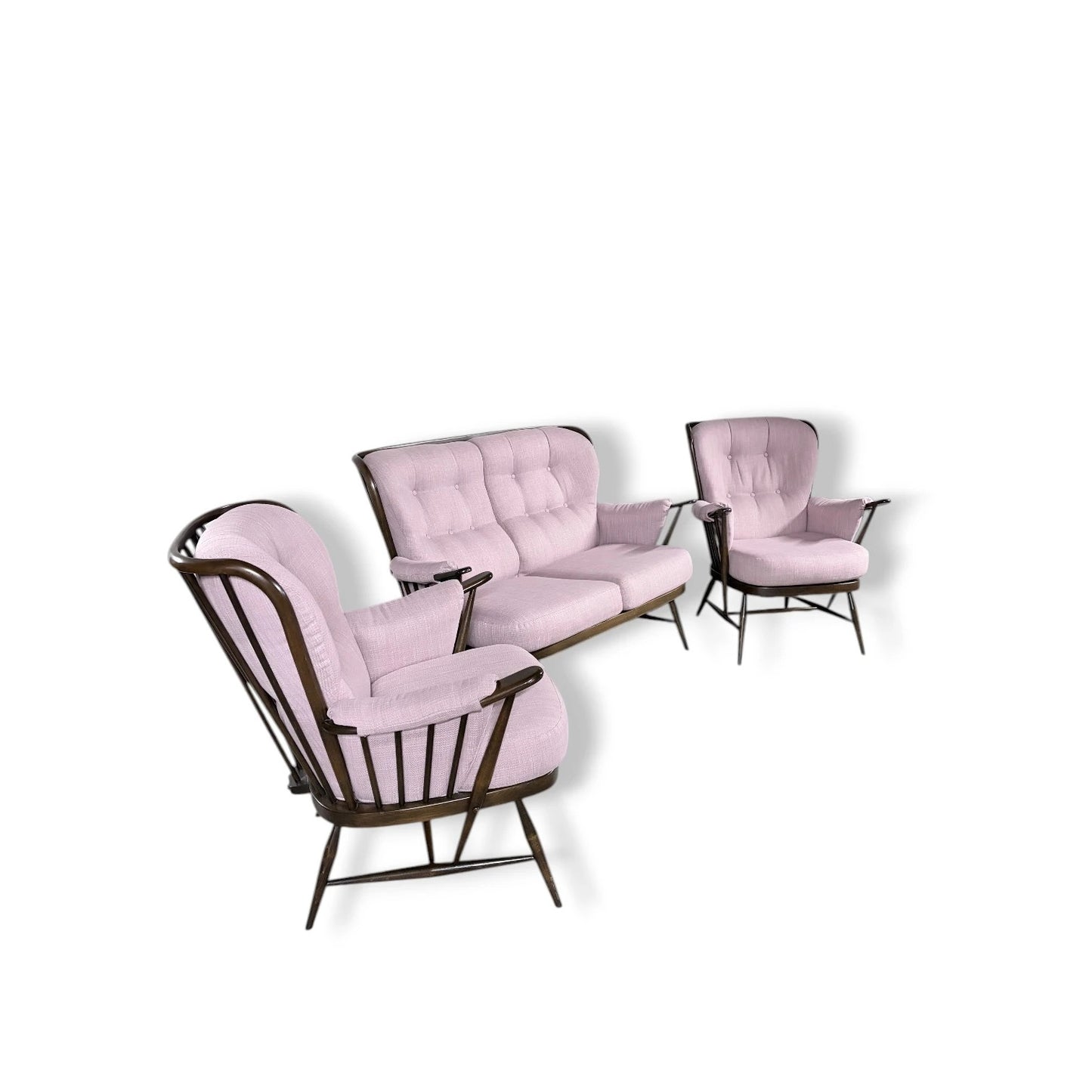 Ercol Everest Suite – Mid Century Living Room Set | Dusty Pink Sofa & Solid Beech Armchairs