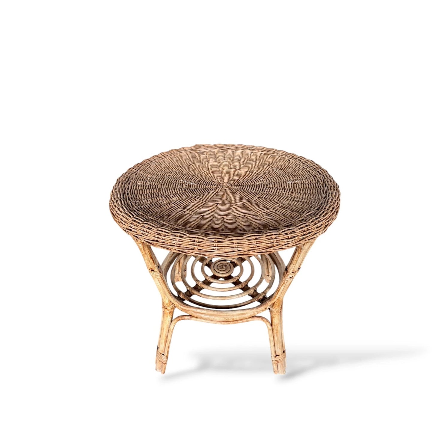 Vintage Bamboo Round Side Table – Small Rattan Accent Table