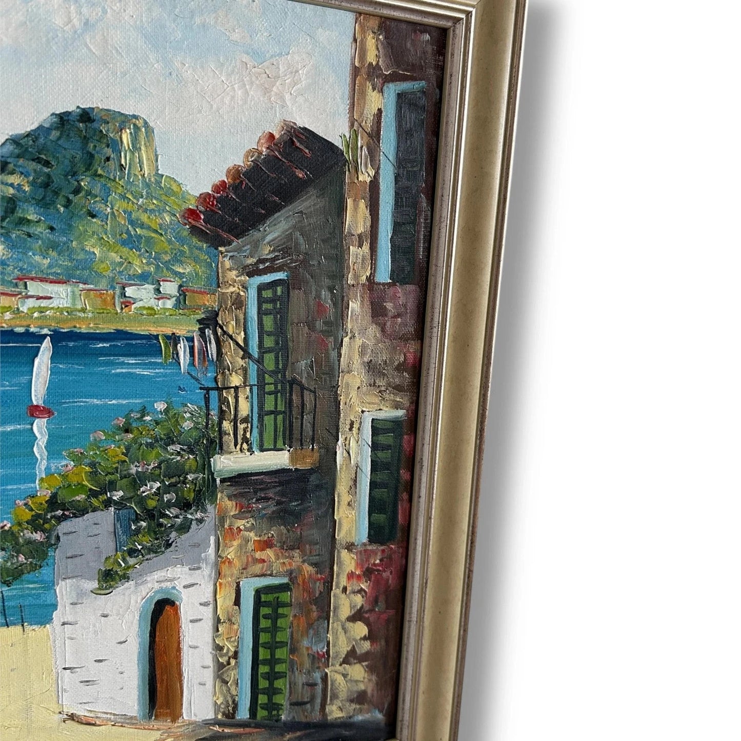1970s Mediterranean Oil Painting – Framed Coastal Street Scene, Signed