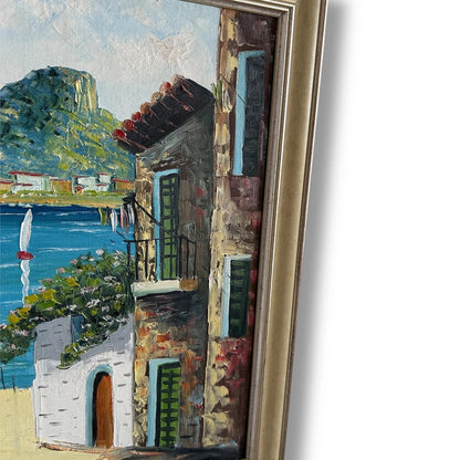 1970s Mediterranean Oil Painting – Framed Coastal Street Scene, Signed