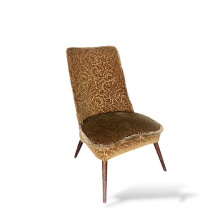 Pair of Mid-Century Cocktail Chairs | Gold Brocade Upholstery with Tapered Legs