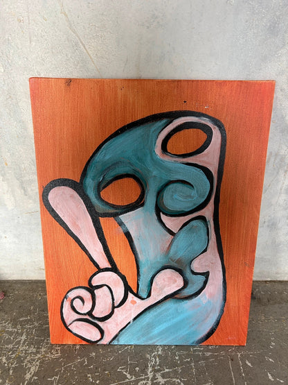 Vintage Abstract Painting – Outsider Art Portrait with Peace Sign – Mid Century Modern
