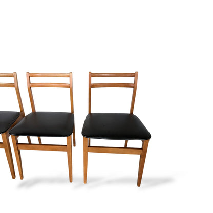 Set of 4 Mid-Century Beech Dining Chairs with Black Vinyl Seats