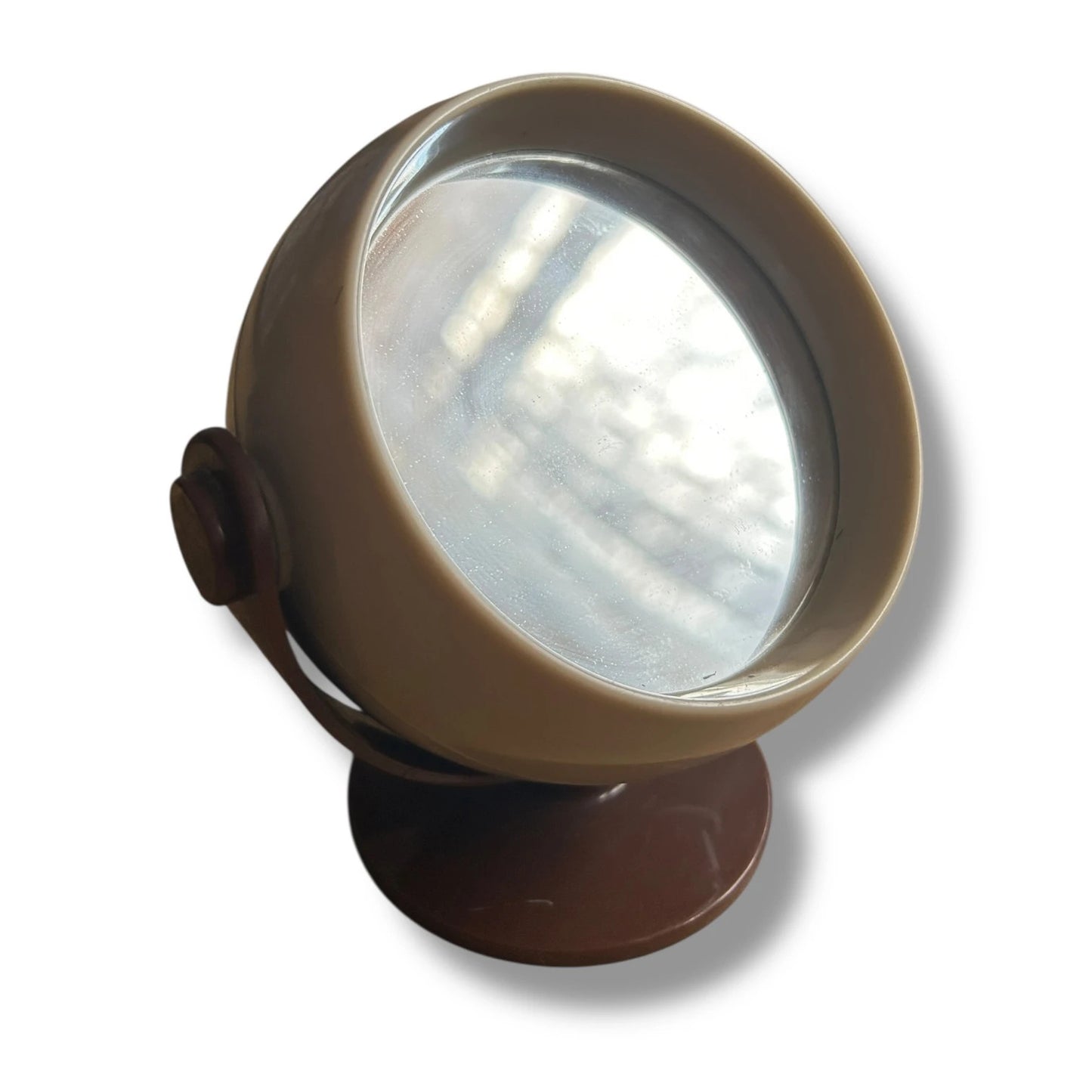 Mid Century Space Age Chocolate Brown and Cream Tabletop Revolving Vanity Mirror