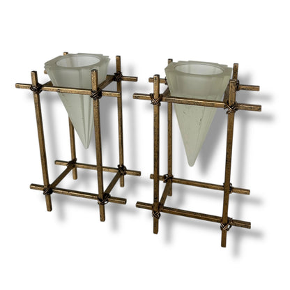 Pair of French Brass & Frosted Glass Candle Holders – Mid Century Modern Geometric Votive Stands
