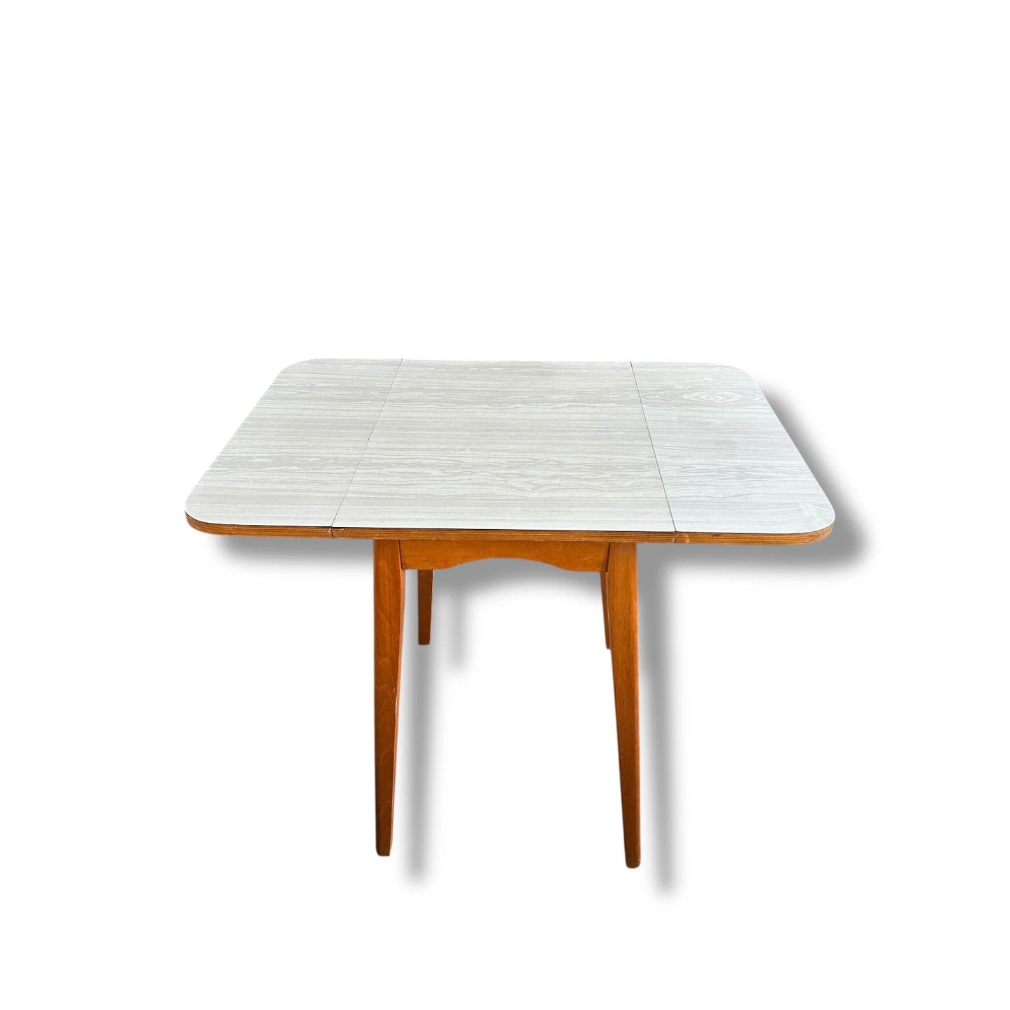 Vintage White Formica Drop Leaf Table with Blue Vinyl Chrome Chairs – Retro Kitchen Dining Set