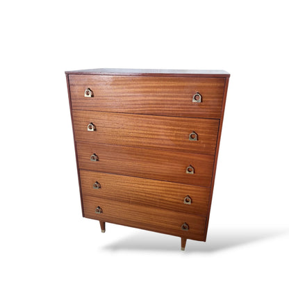 Mid-Century Chest Drawers | Tallboy Dresser with Brass Handles & Teak Veneer