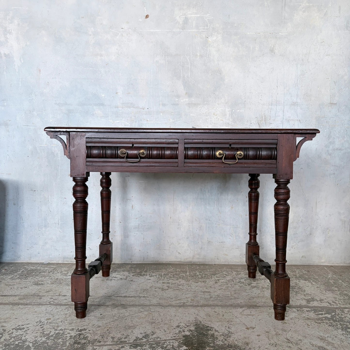 Vintage Pine & Mahogany Console Table with Brass Handle Drawers