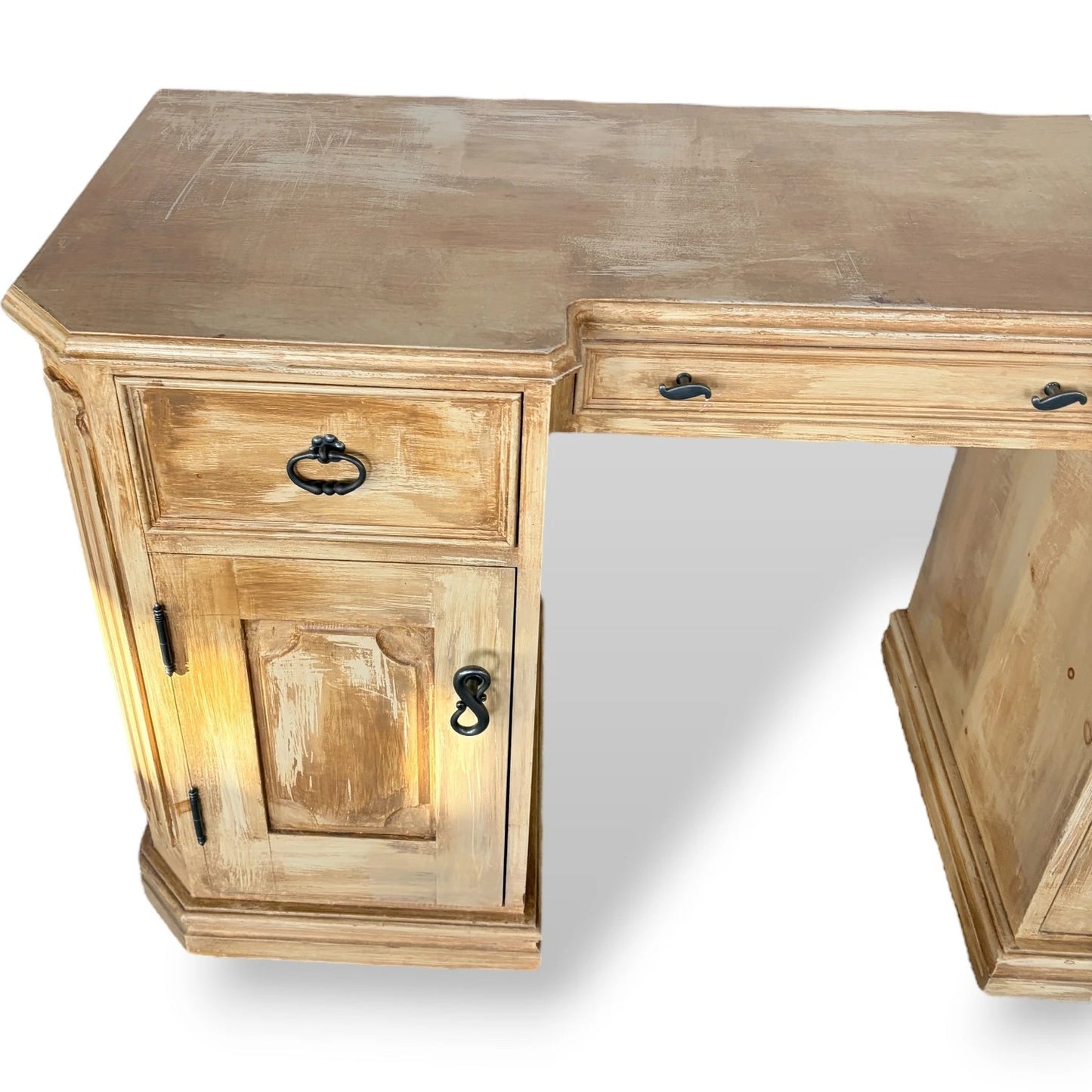 Vintage Pine Writing Desk – Rustic Farmhouse Pedestal Desk with Cupboards & Storage Drawers