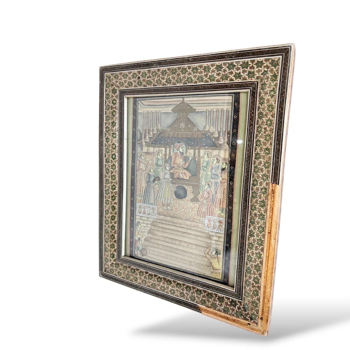 Framed Islamic Manuscript Miniature – Persian Court Scene in Khatam Marquetry Frame
