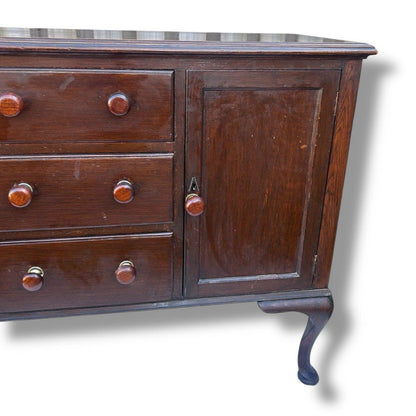 Vintage Dark Oak Kitchen Unit Sideboard – Queen Anne Revival Style