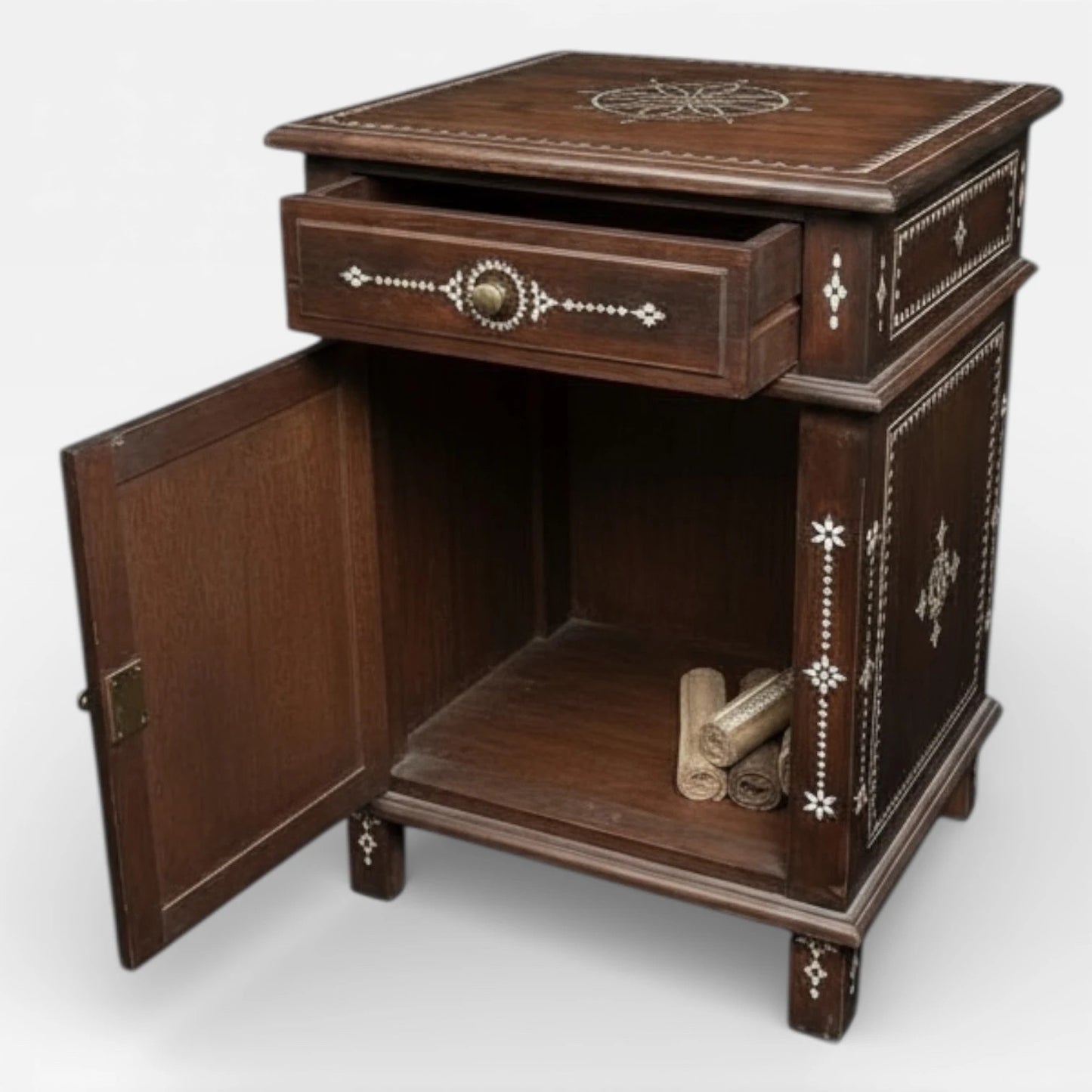 Syrian Mahogany Bedside Cabinet – Handcrafted 19th Century Furniture with Mother of Pearl Inlay