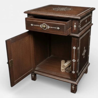 Syrian Mahogany Bedside Cabinet – Handcrafted 19th Century Furniture with Mother of Pearl Inlay