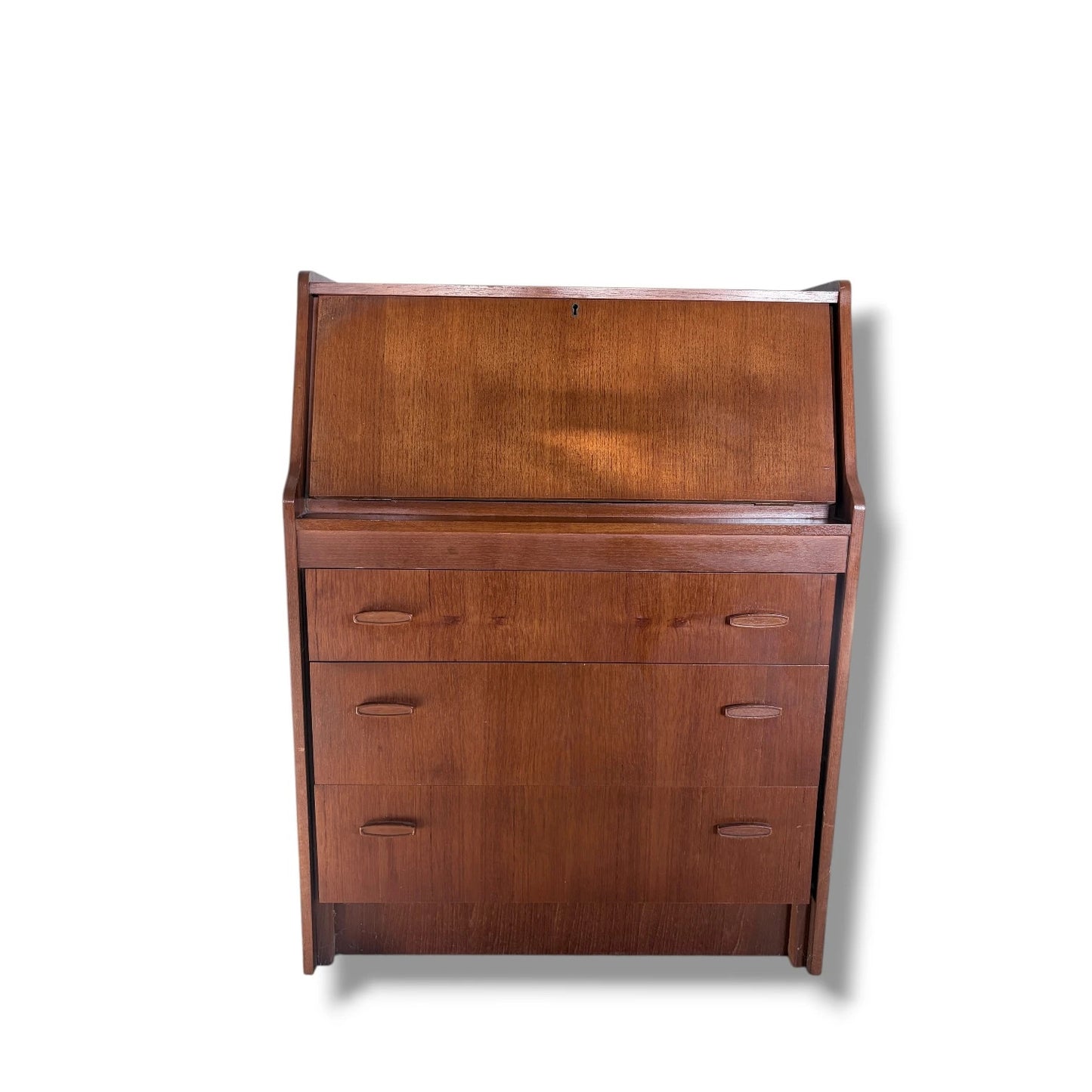 Mid Century Teak Bureau – Danish Modern Desk With Teak Wood Drawers & Drop Front — view 5