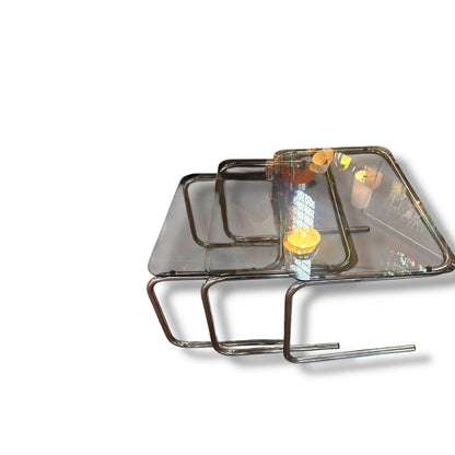 Mid Century Smoked Glass and Chrome Tubular Nest of Tables