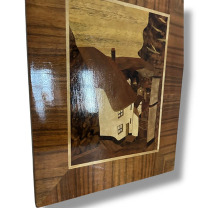 Mid-Century Marquetry Artwork – Rustic House Landscape in Wood Veneer