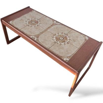 Mid-Century Coffee Table - Tile Top Table with Floral Ceramic Inset & Wooden Frame