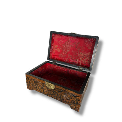 Vintage Hand-Carved Wooden Jewelry Box with Brass Clasp