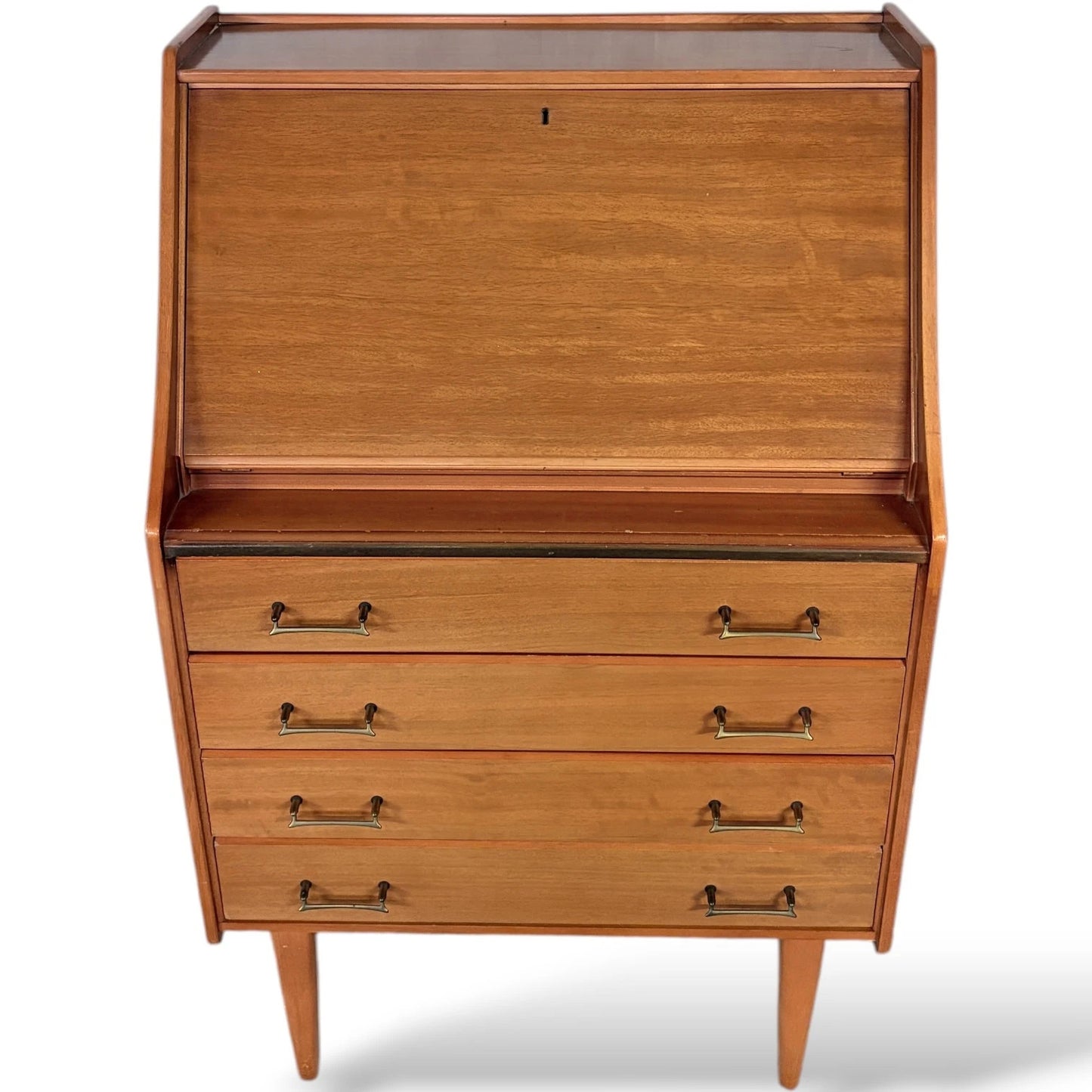 Mid Century Teak Bureau – Vintage Writing Desk With Fall Front Bureau & Drawers — view 5