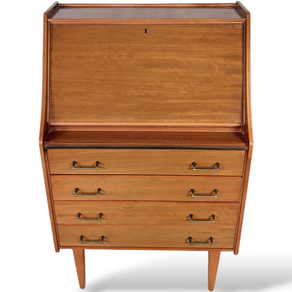 Mid Century Teak Bureau – Vintage Writing Desk With Fall Front Bureau & Drawers — view 5