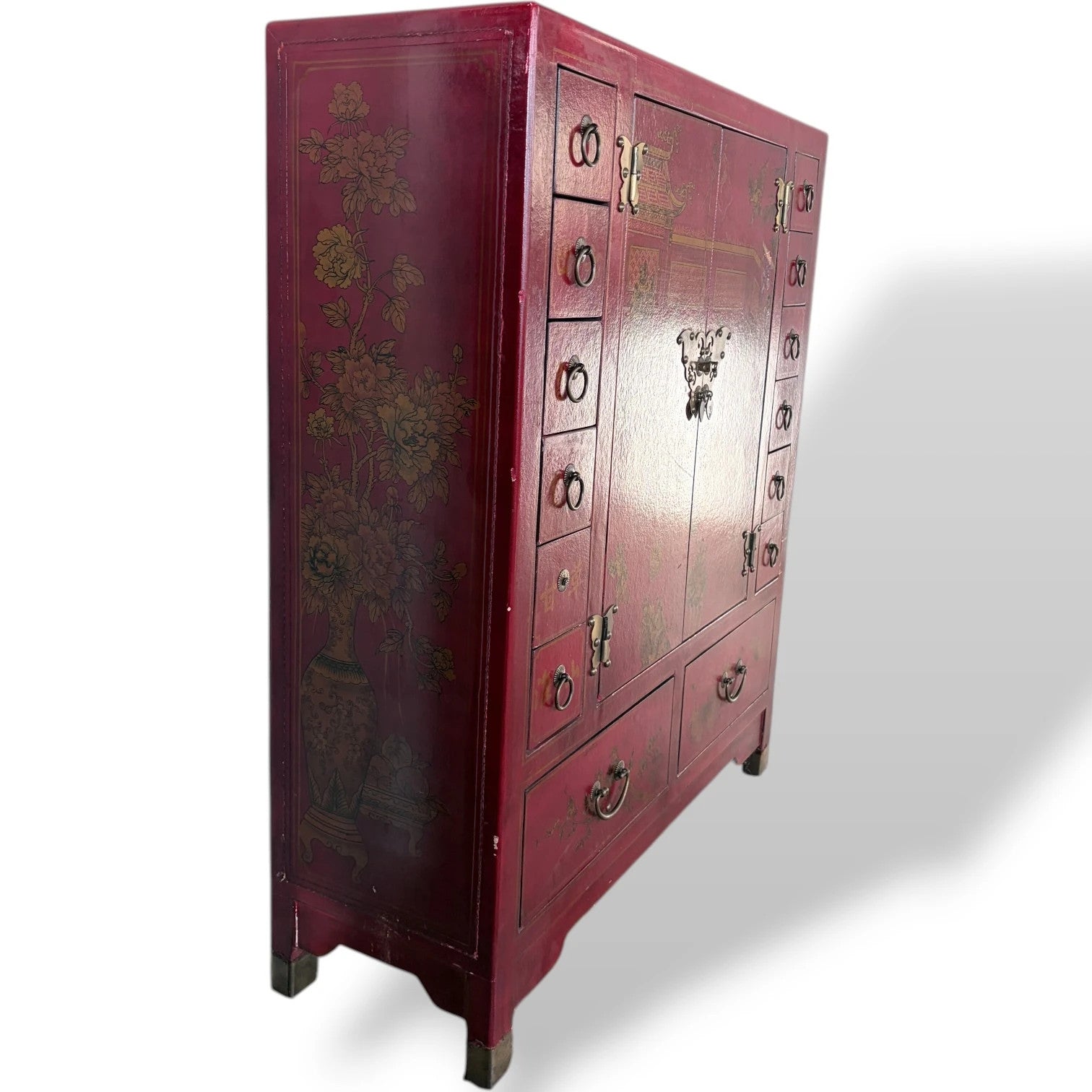 Antique Apothecary Cabinet – Red Lacquer Chinoiserie Storage Unit with Brass Hardware — view 5
