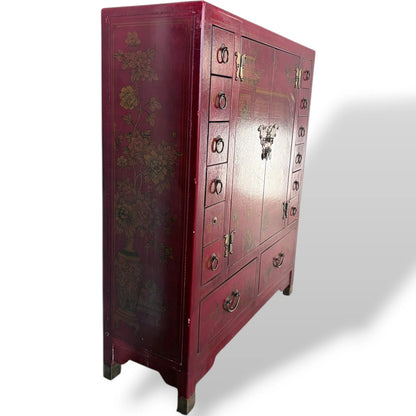 Antique Apothecary Cabinet – Red Lacquer Chinoiserie Storage Unit with Brass Hardware — view 5