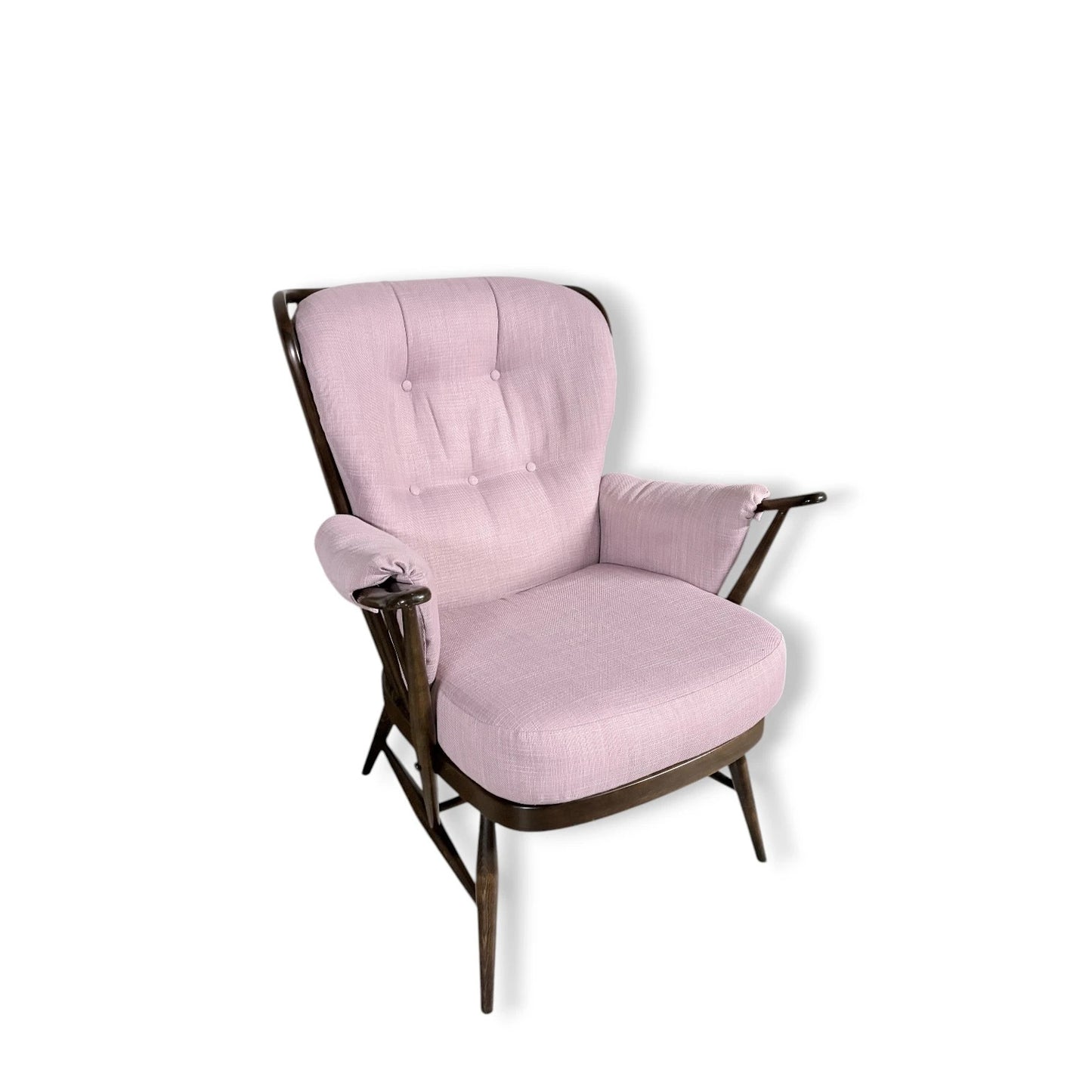 Ercol Everest Armchair – Mid Century Dark Beech Frame | Dusty Pink Upholstery