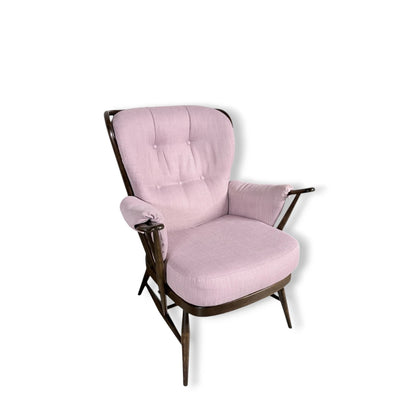 Ercol Everest Armchair – Mid Century Dark Beech Frame | Dusty Pink Upholstery