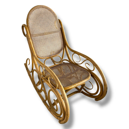 Mid Century Bamboo & Rattan Rocking Chair | Vintage Boho Wicker Rocker