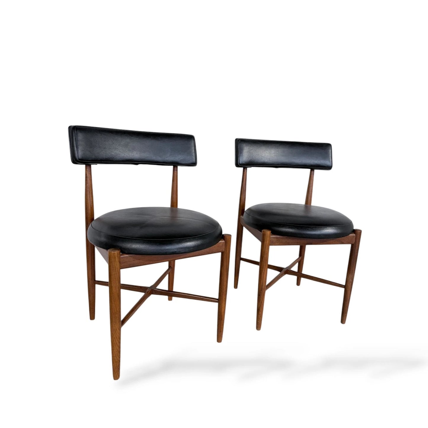 Pair of G Plan Afromosia Teak Dining Chairs – Black Vinyl Seats, 1960s Mid-Century Modern