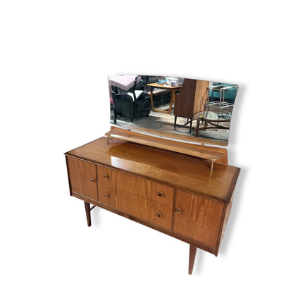 Mid Century Dressing Table | Vintage Teak Vanity with Brass Handles & Mirror
