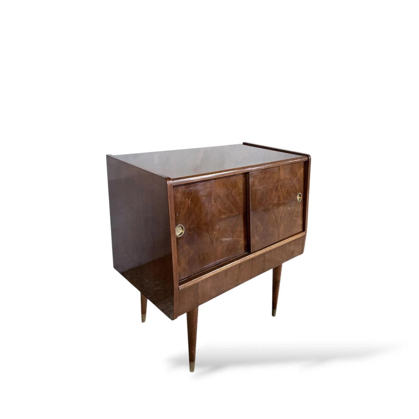 Mid-Century Walnut Record Cabinet with Sliding Doors & Drawers