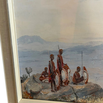 Mid Century Kenyan Maasai Warriors Landscape Framed Painting