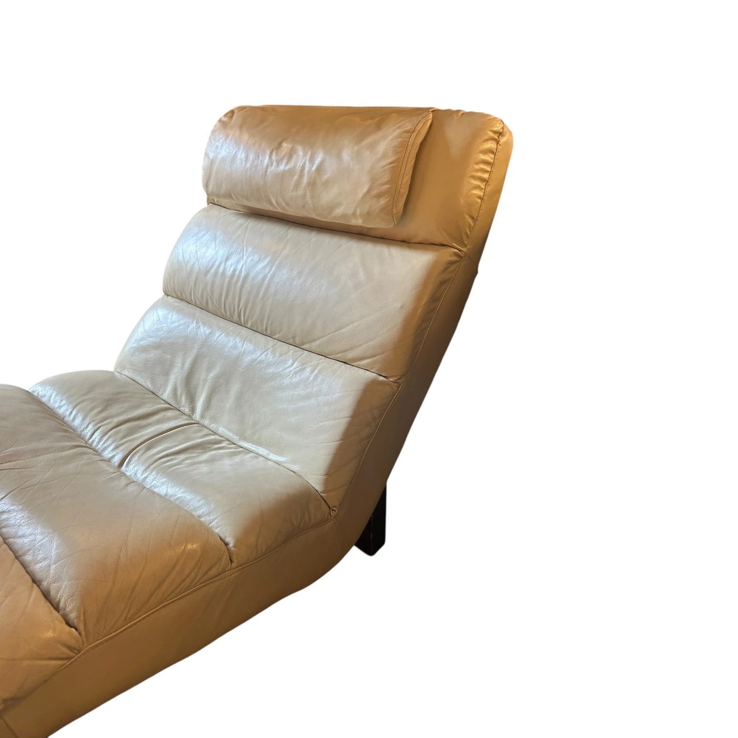 Mid Century Beige Leather Chaise Lounge Chair | Vintage Retro Lounge Chair with Wood Legs