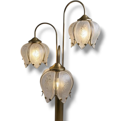 Art Deco Floor Lamp – Hollywood Regency Brass Lotus Lamp with Sculptural Glass Shades